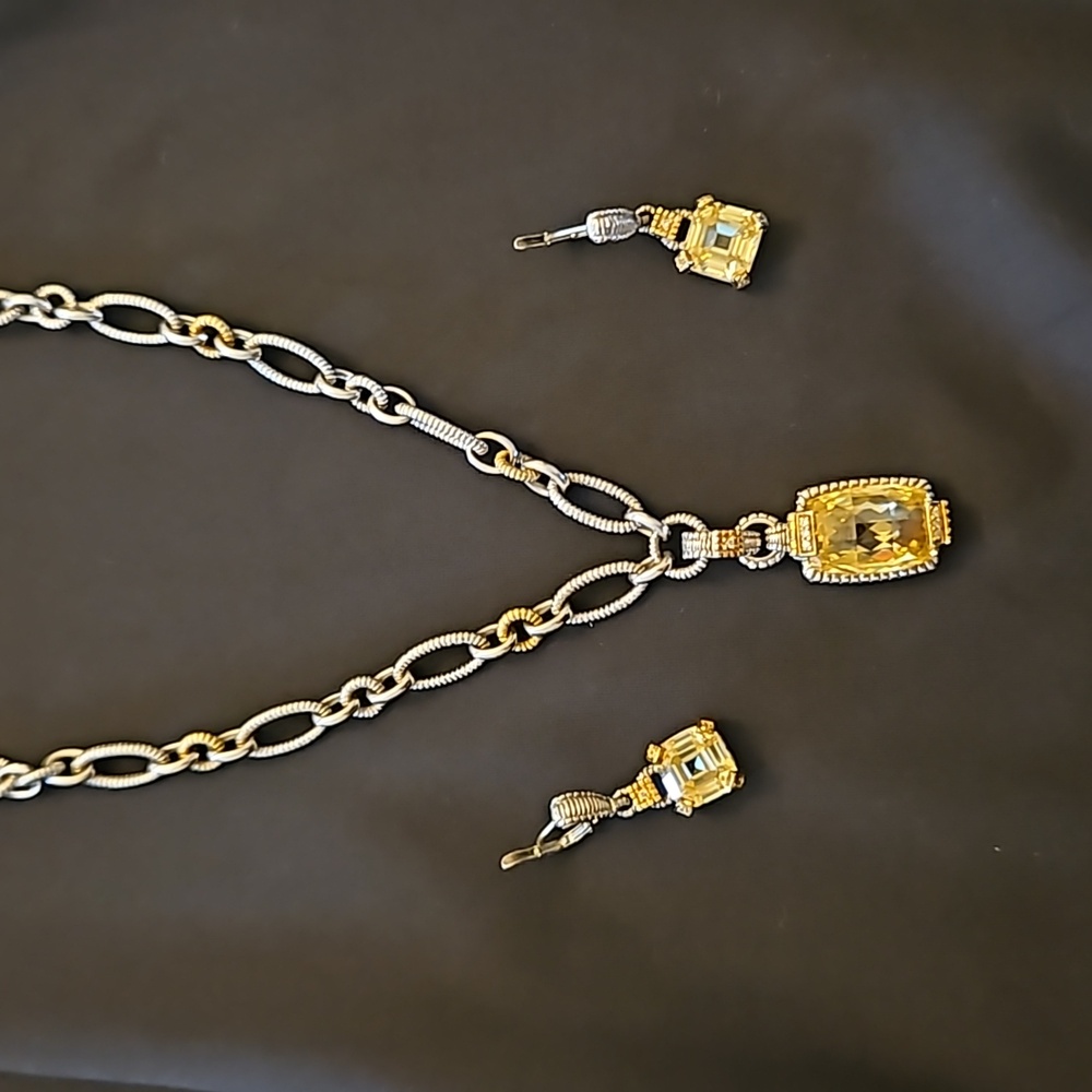 Judith Ripka Sterling Silver 18k Gold Canary Quartz Necklace Pendant earring set